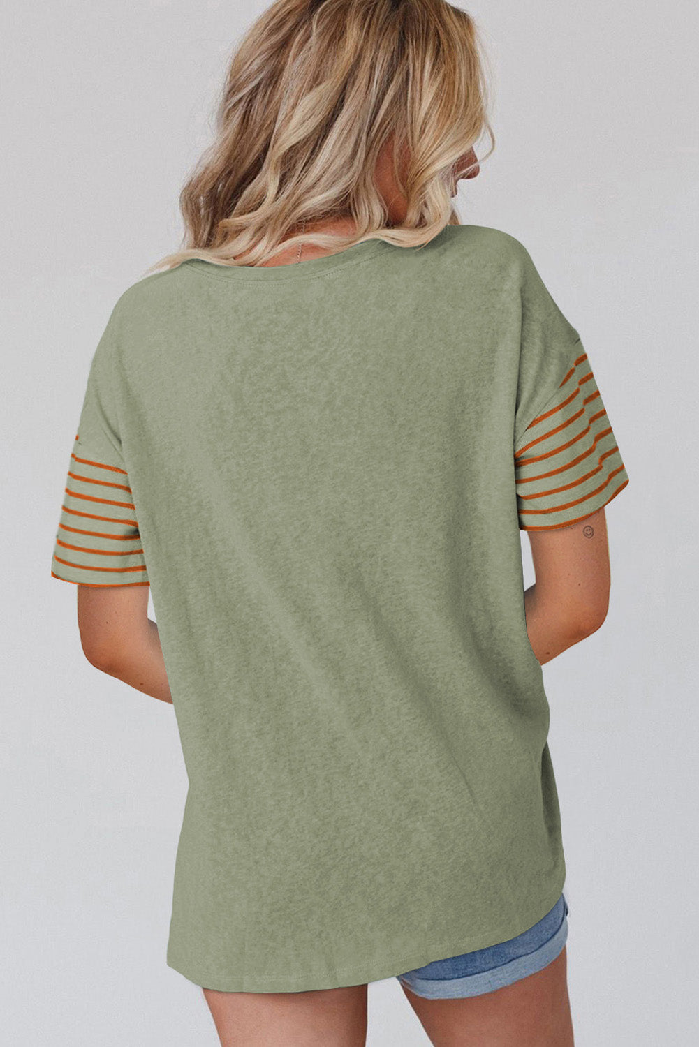Tan Color Block Striped Detail Loose T Shirt