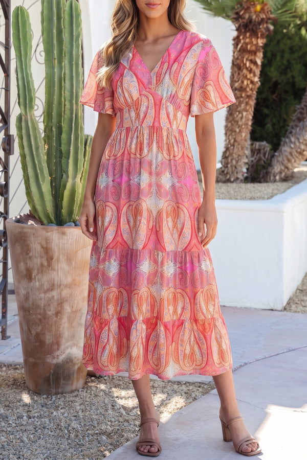 Robe longue femme à volants, manches courtes, col V, maxi — multicolore