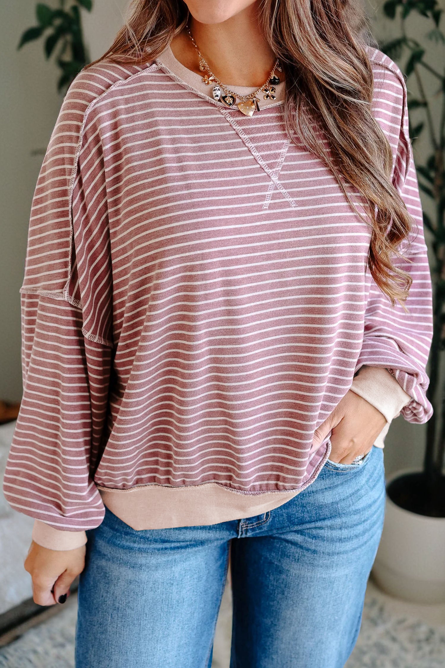 Haut femme rayé, patchwork, manches longues, casual — rose