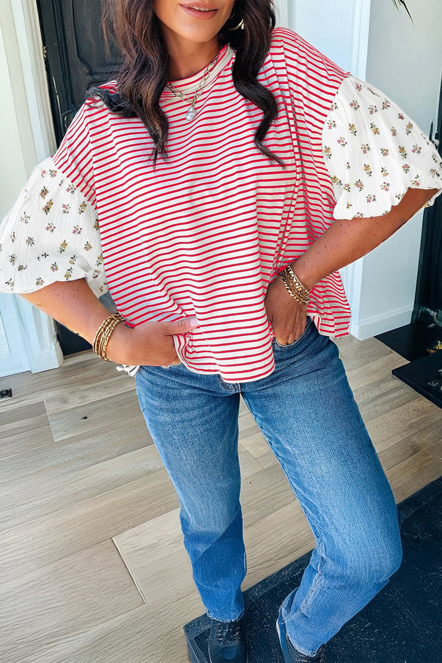 Red Stripe Floral Puff — Tops/Blouses & Shirts, vue 3, LeGeekShop