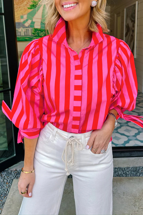 Chemise femme rayé, boutonnée, manches bouffantes — rouge