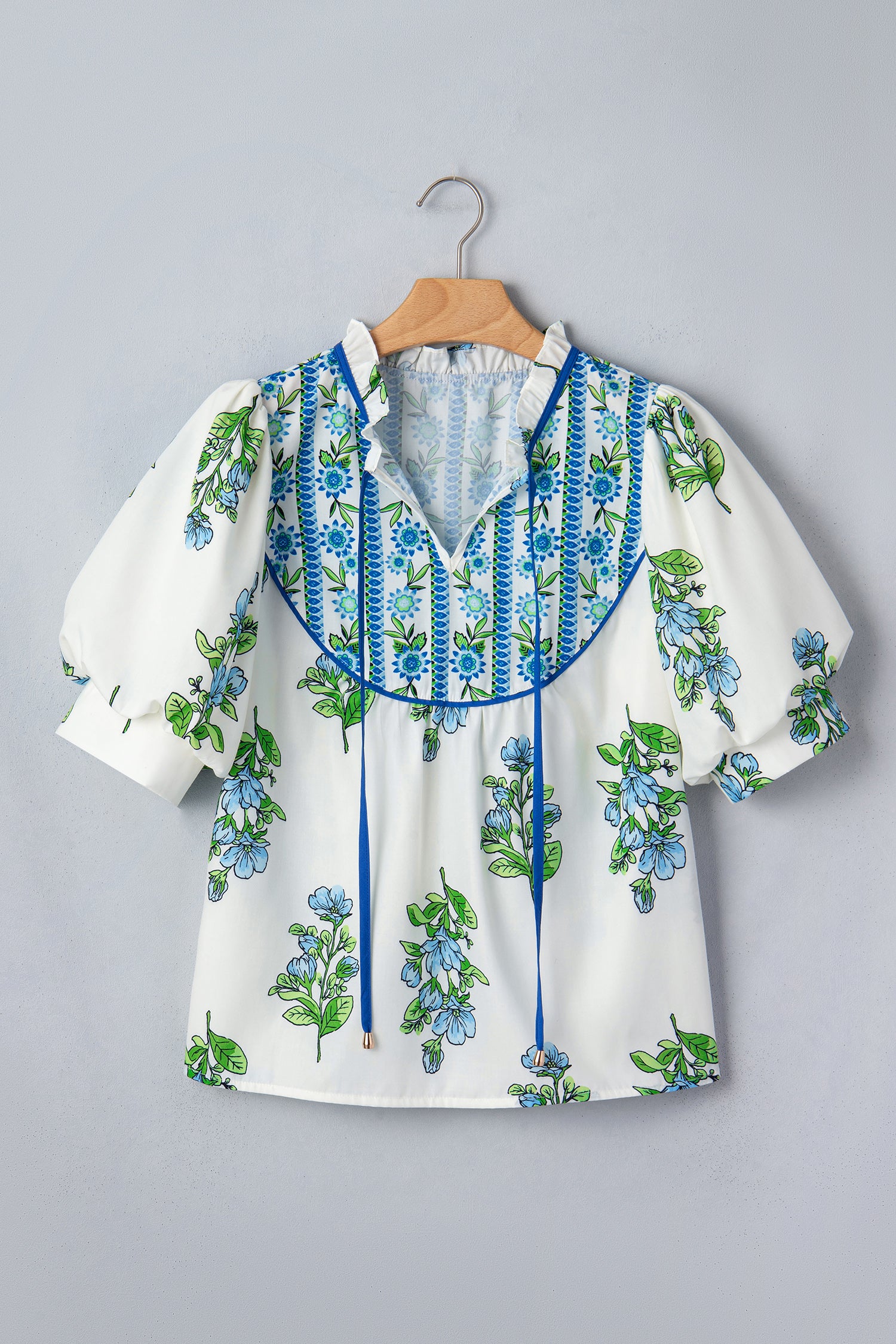 White Floral Print Contrast Trim Tie Neck Blouse
