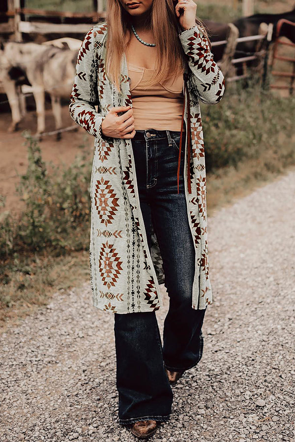Brown Western Aztec Printed Open Front Long Cardigan femme