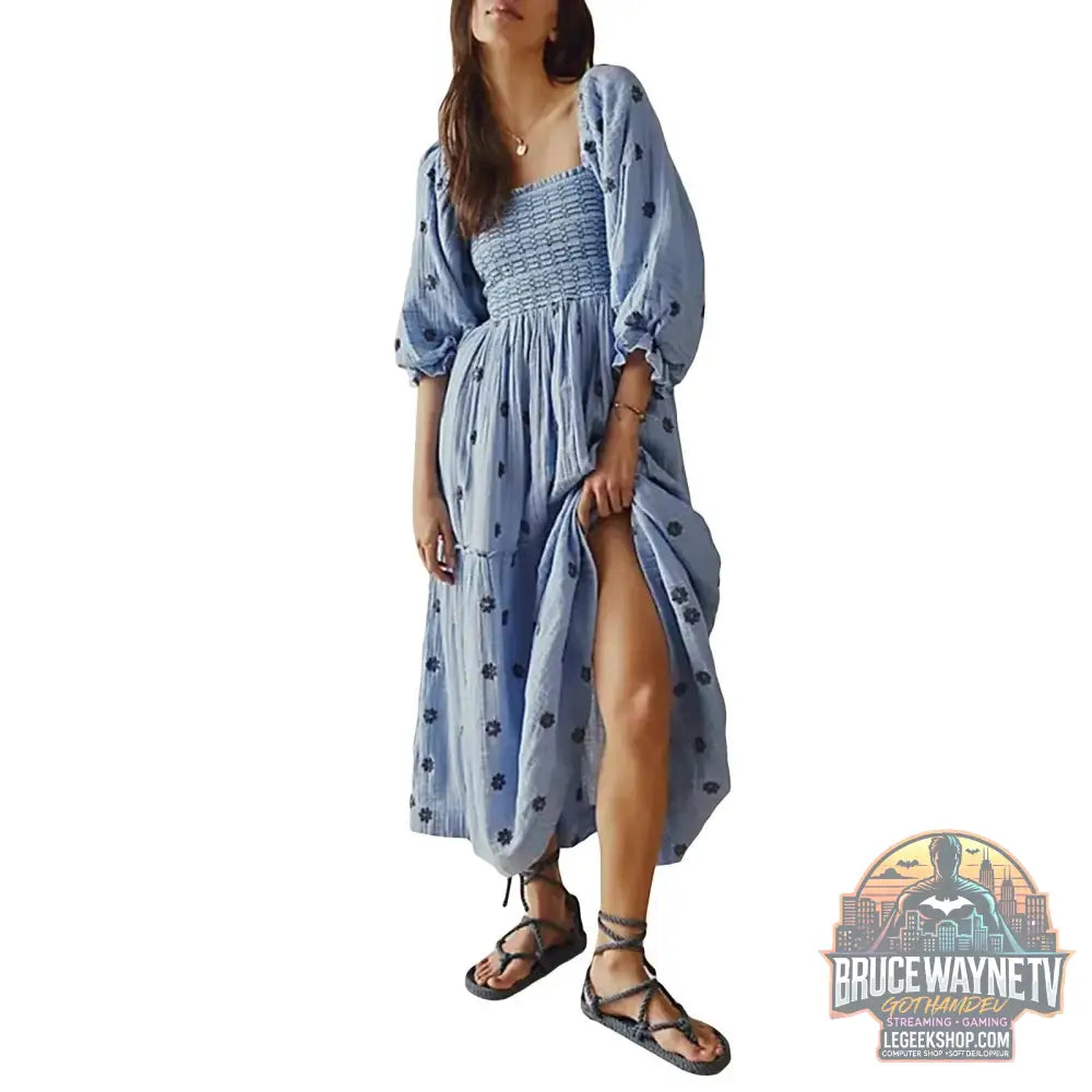 🌺 Robe longue à fleurs brodées 3D – Col carré & manches bouffantes - Legeekshop