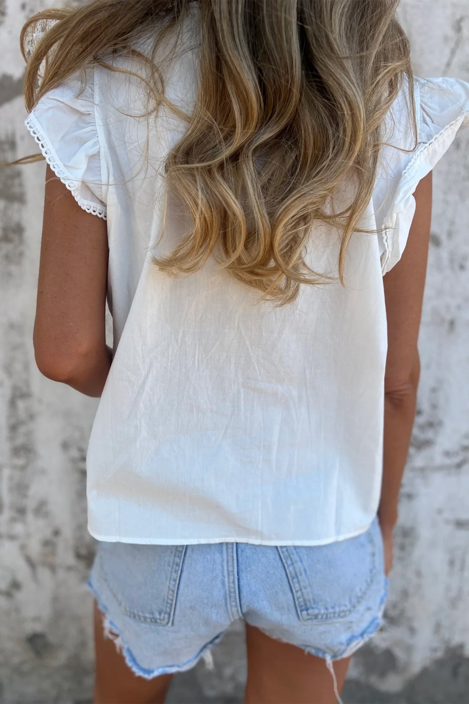 Bonbon Lace Detail Flutter Sleeve Pleated Round Neck Blouse