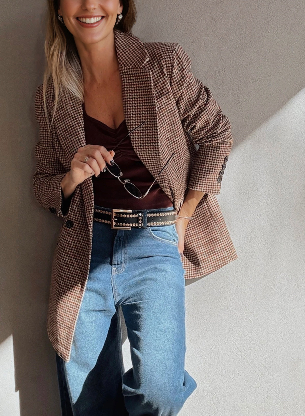 Brown Houndstooth Lapel Collar Blazer femme