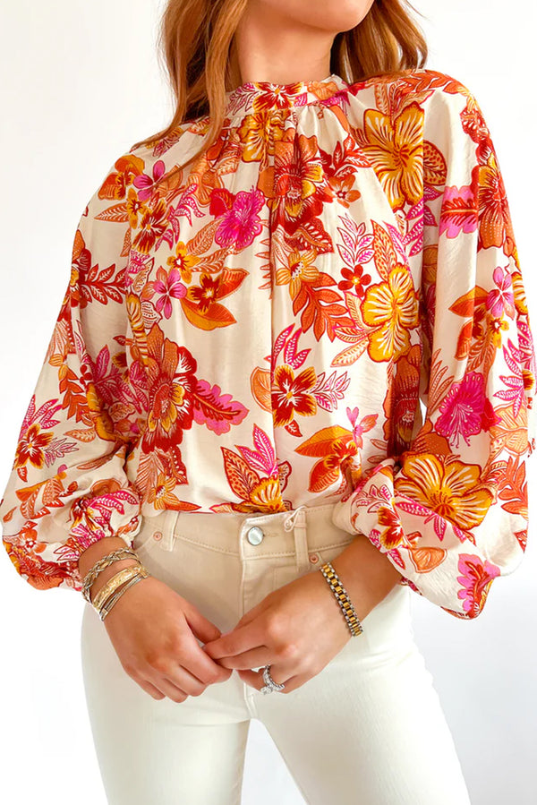 Blouse femme floral, boutonnée, manches bouffantes — orange