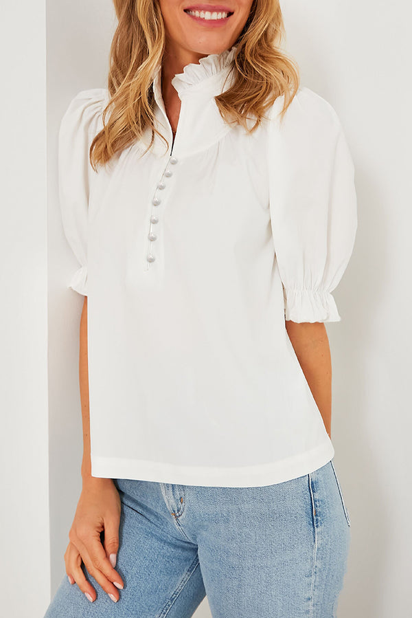 Blouse femme boutonnée, demi-boutonnage, manches ballon — blanc