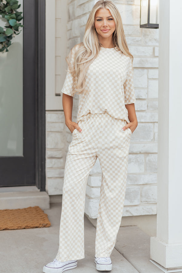 Ensemble femme à carreaux, manches 3/4 — kaki
