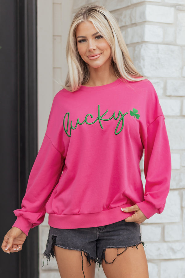 Sweat femme brodé, ample — rouge rose