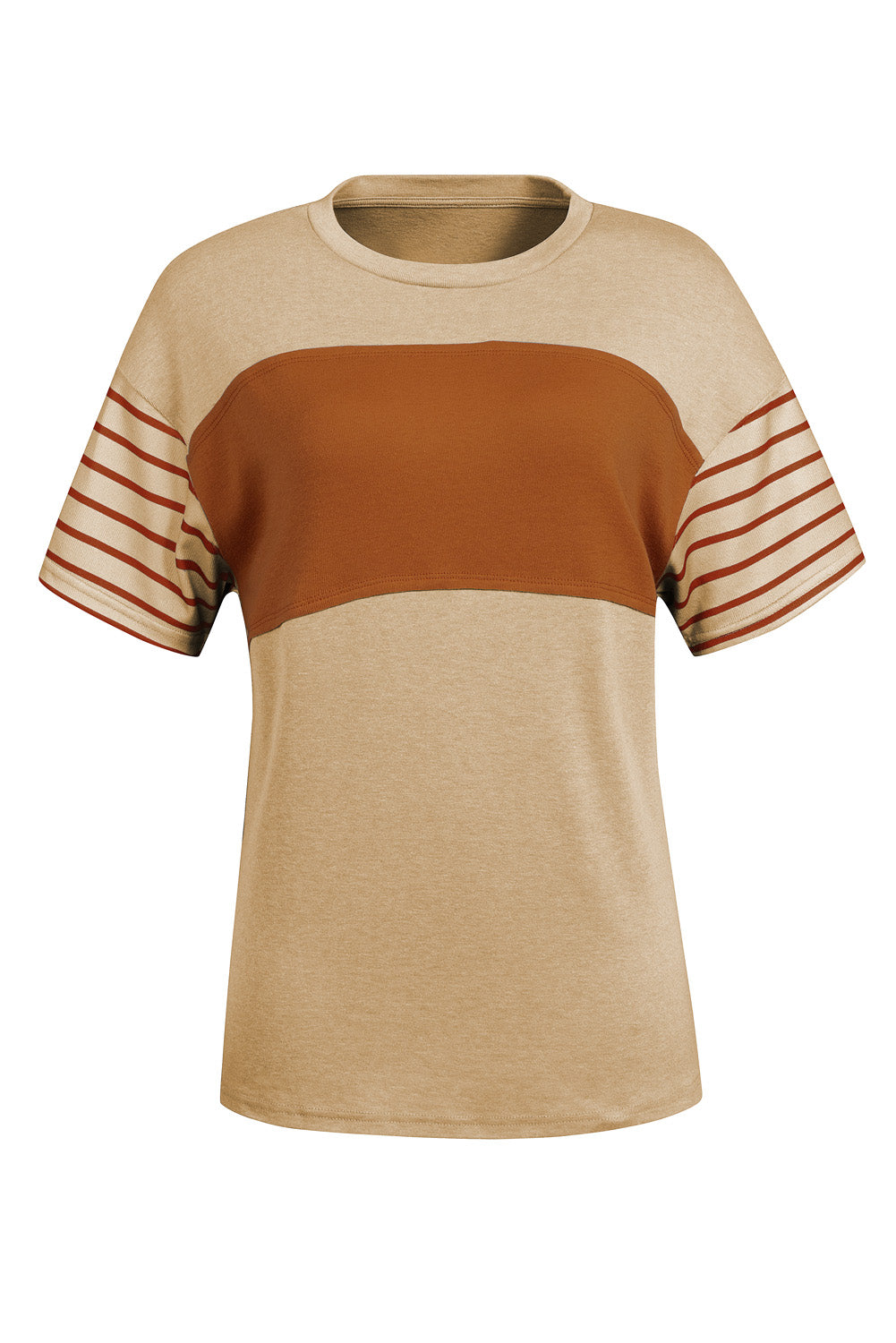 Tan Color Block Striped Detail Loose T Shirt
