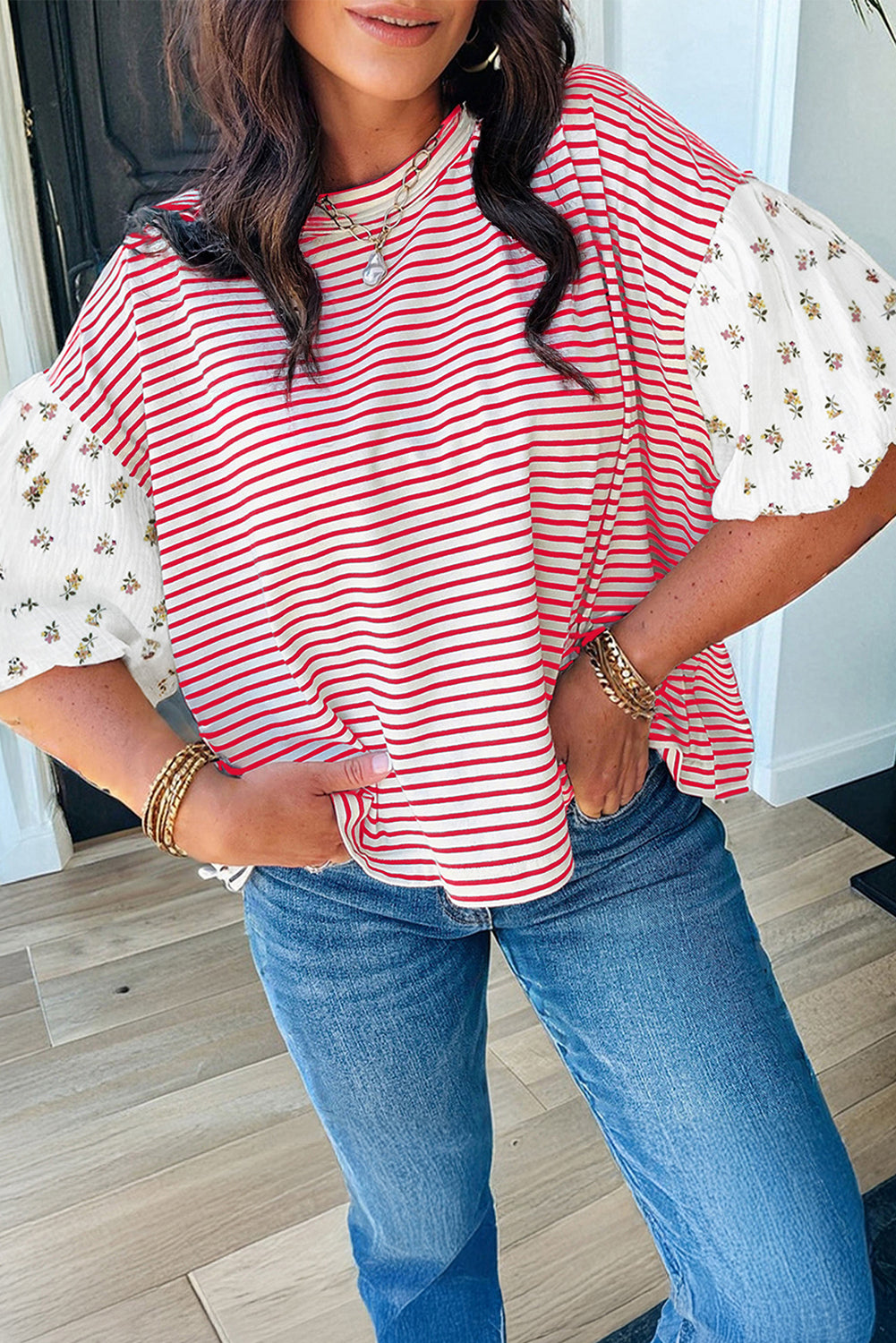 Red Stripe Floral Puff — Tops/Blouses & Shirts, photo principale LeGeekShop