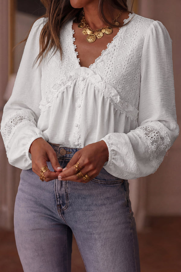 Blouse femme floral, patchwork, manches longues, uni — blanc