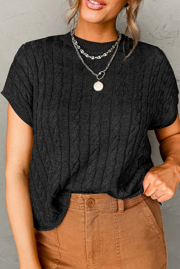 Pull femme en maille, manches courtes, col rond, torsadé — noir