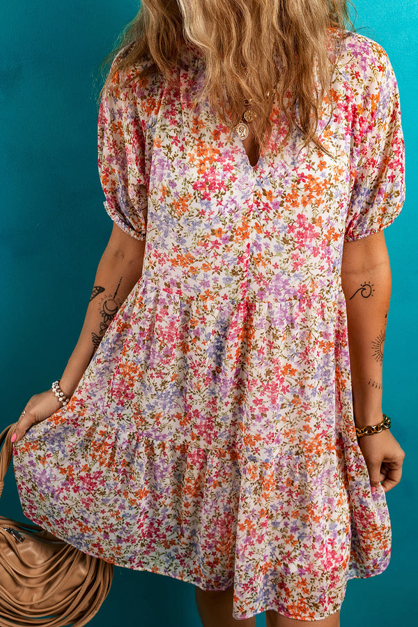 Robe courte femme floral, à étages, manches bouffantes, col V — rouge