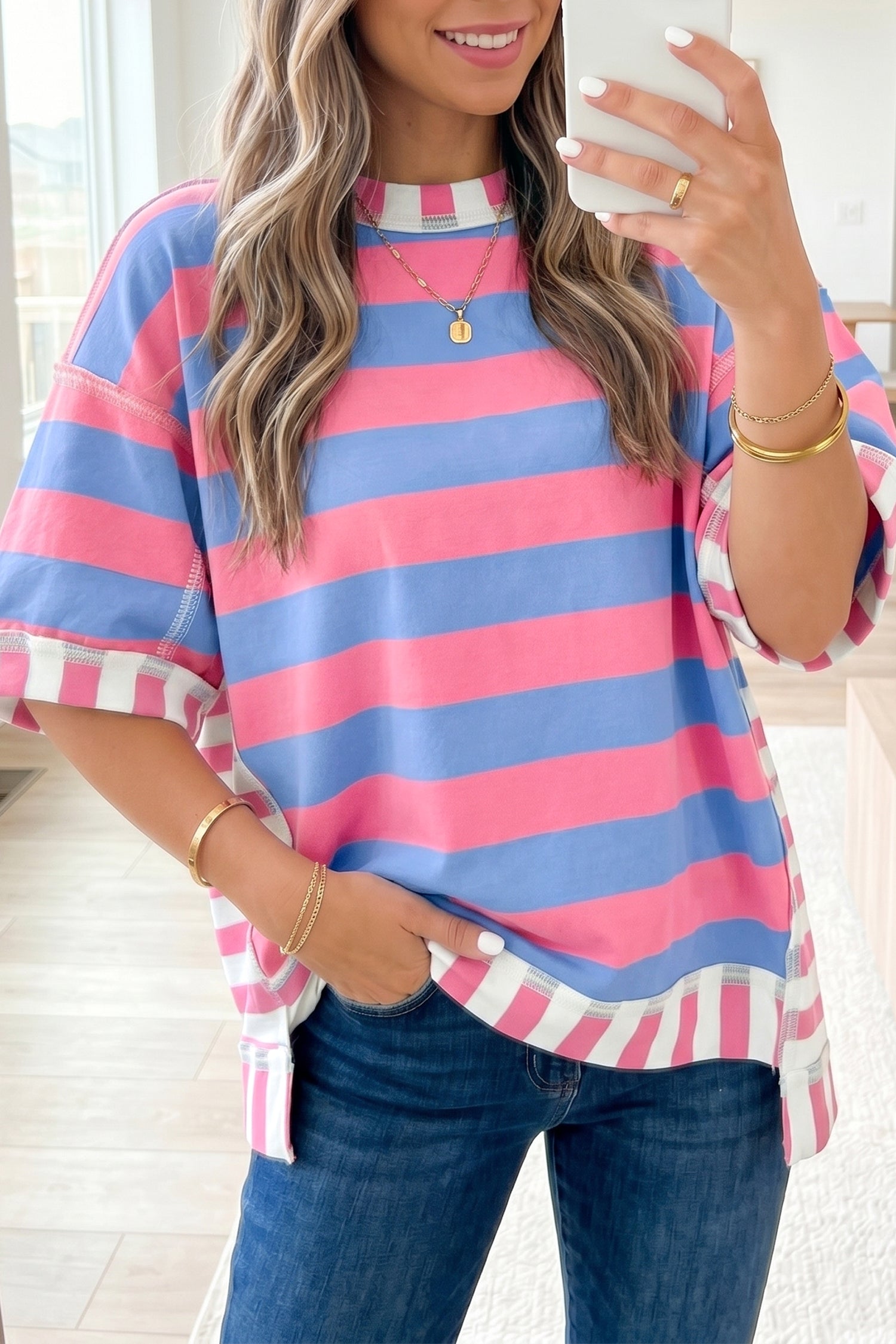 Pink Stripe Exposed Seam Contrast Patchwork Oversized Top