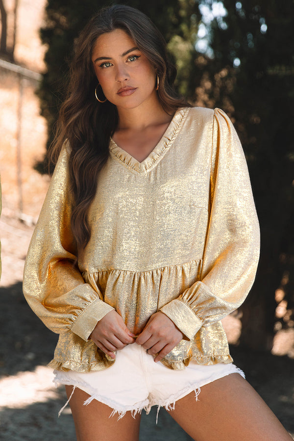 Blouse femme métallisé, manches bouffantes, col V — doré-P12