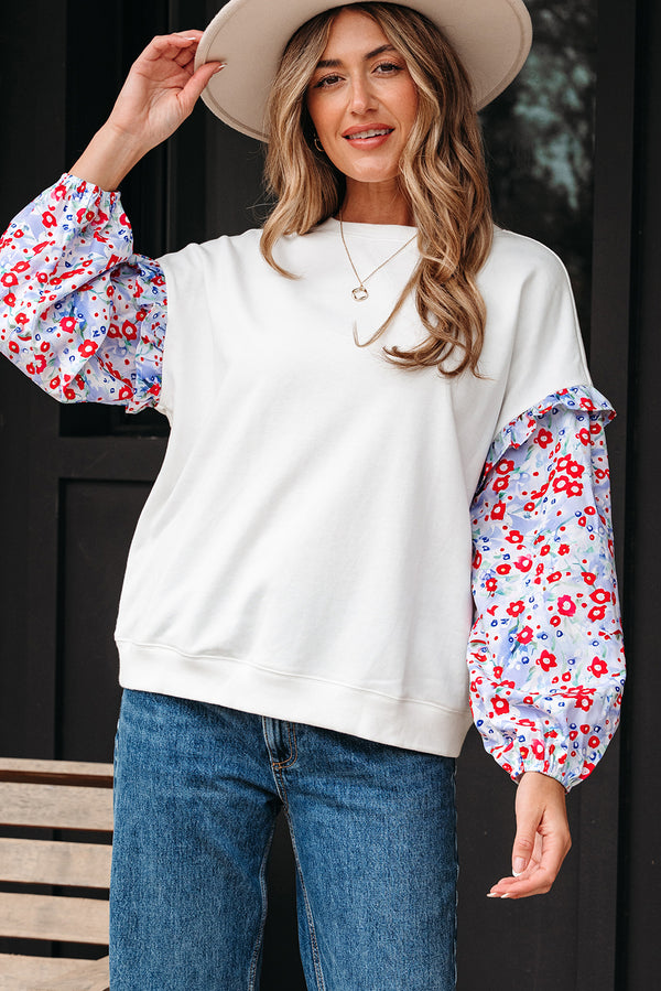 Blouse femme floral, patchwork, à volants, ample — blanc