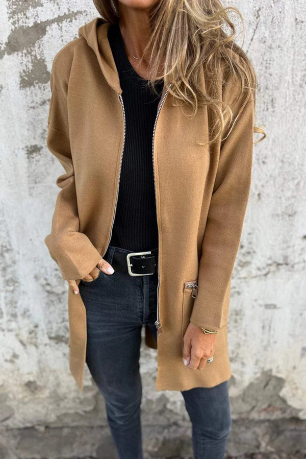 Manteau femme zip, à capuche, casual, uni — beige