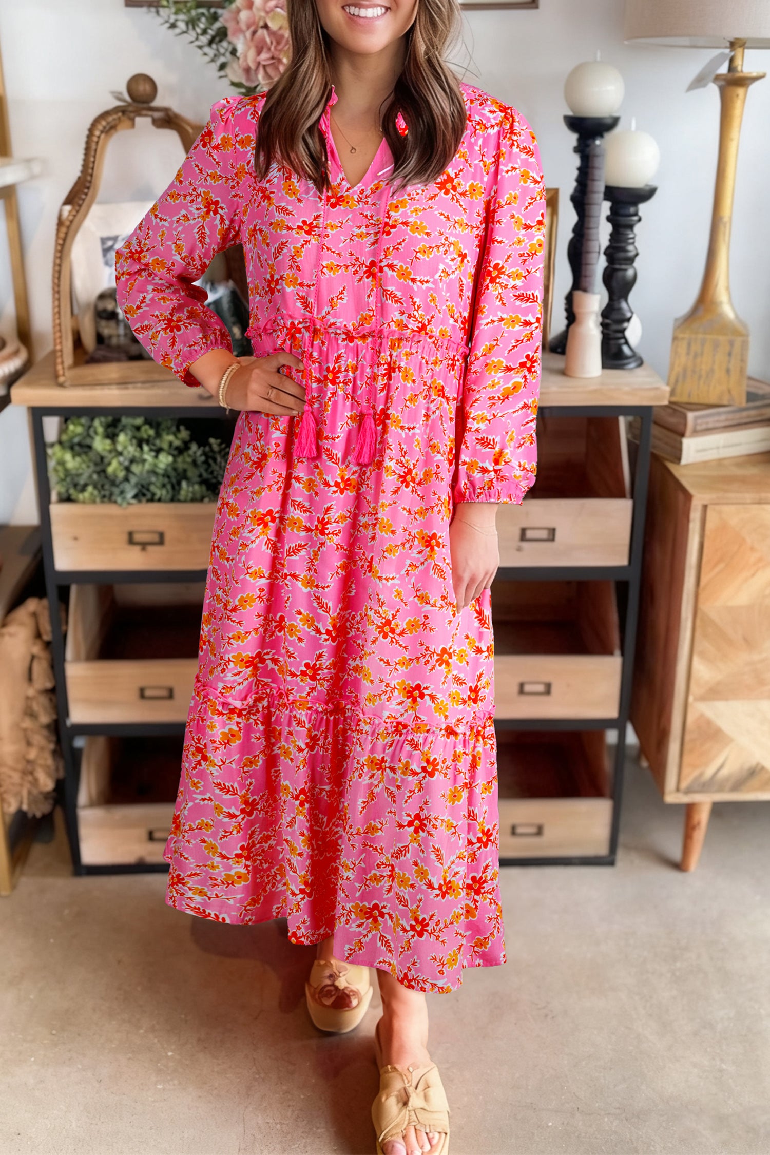 Robe longue femme floral, manches longues, col V, maxi — rose
