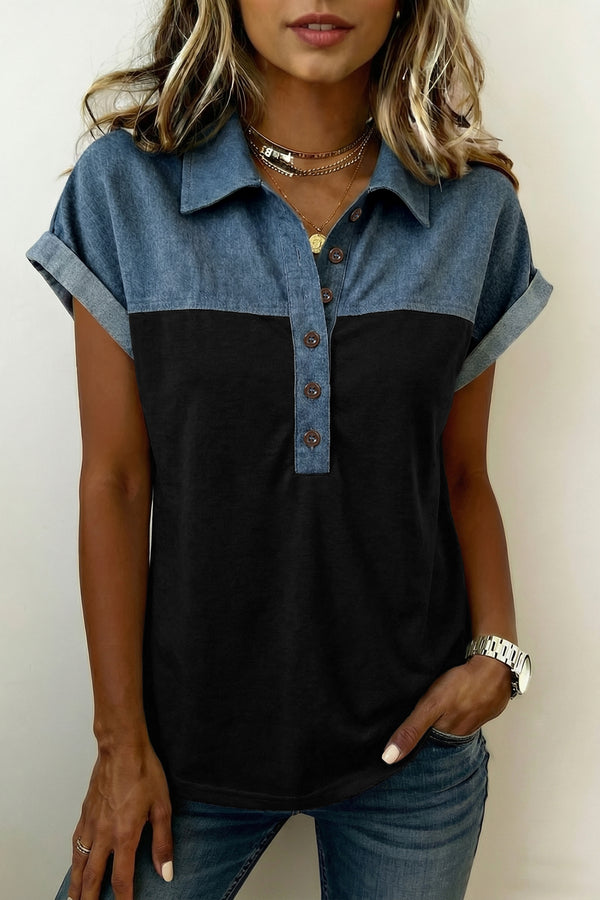 Black Color Block Denim Patchwork Button Polo Collar Short Sleeve Top