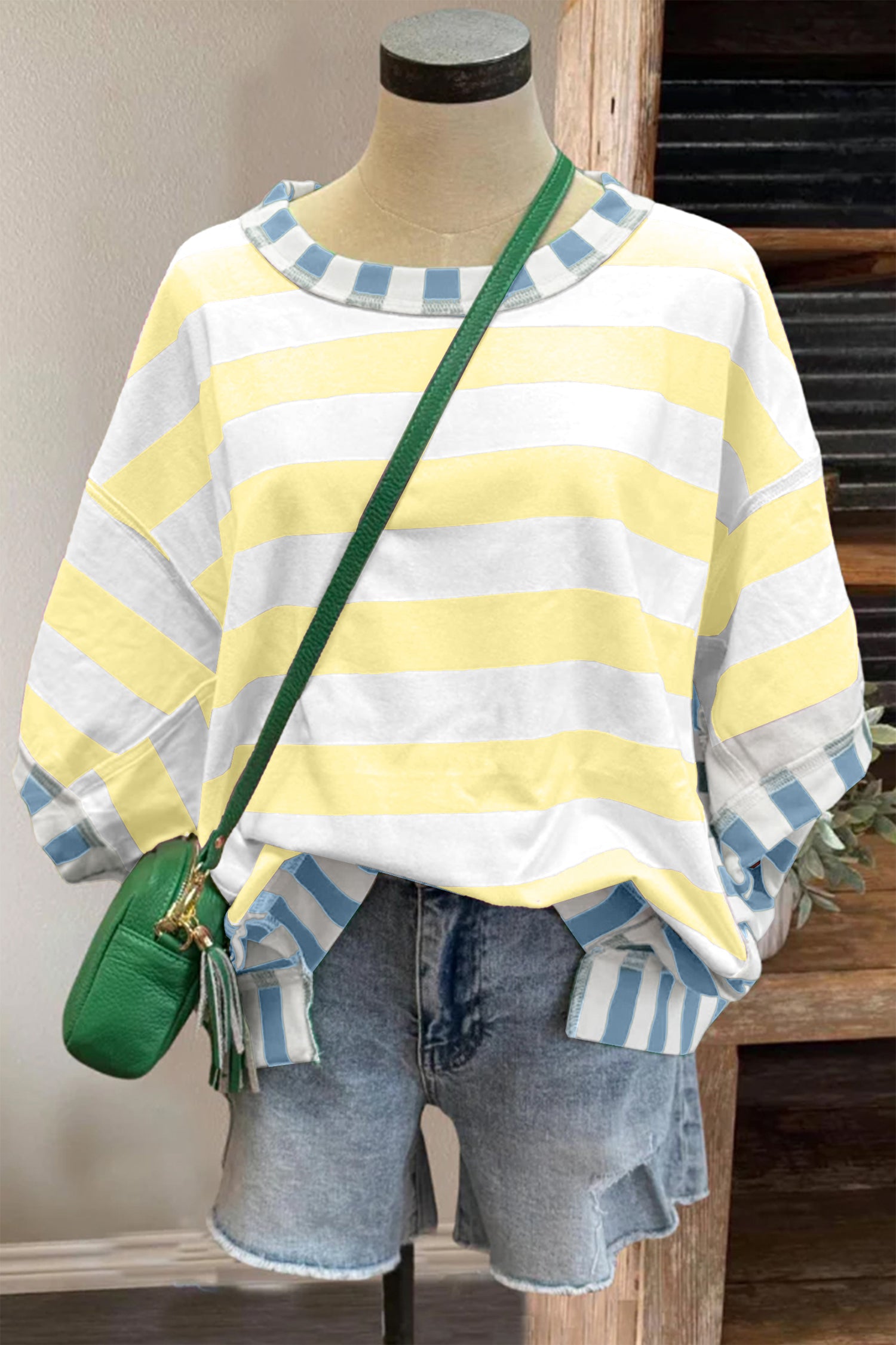 Pink Stripe Exposed Seam Contrast Patchwork Oversized Top