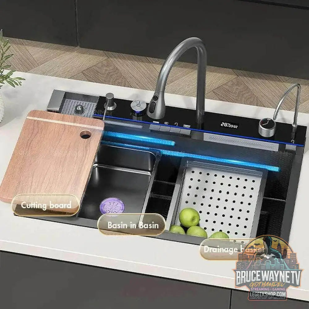 🚰 Évier cascade en acier inoxydable 304 – Affichage numérique & accessoires intégrés - Legeekshop