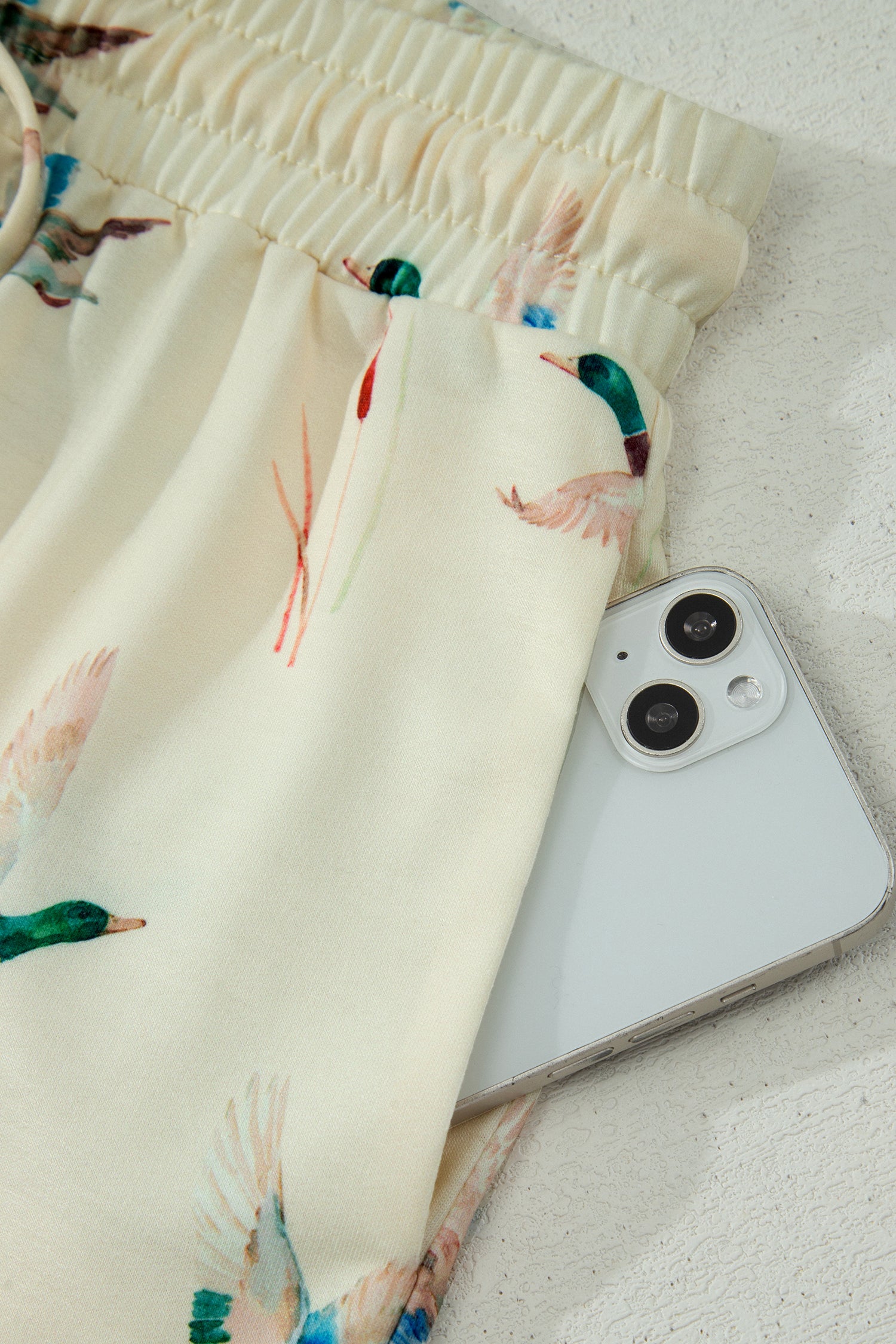 Beige Mallard Duck Print Oversized Tee Drawstring Short Set