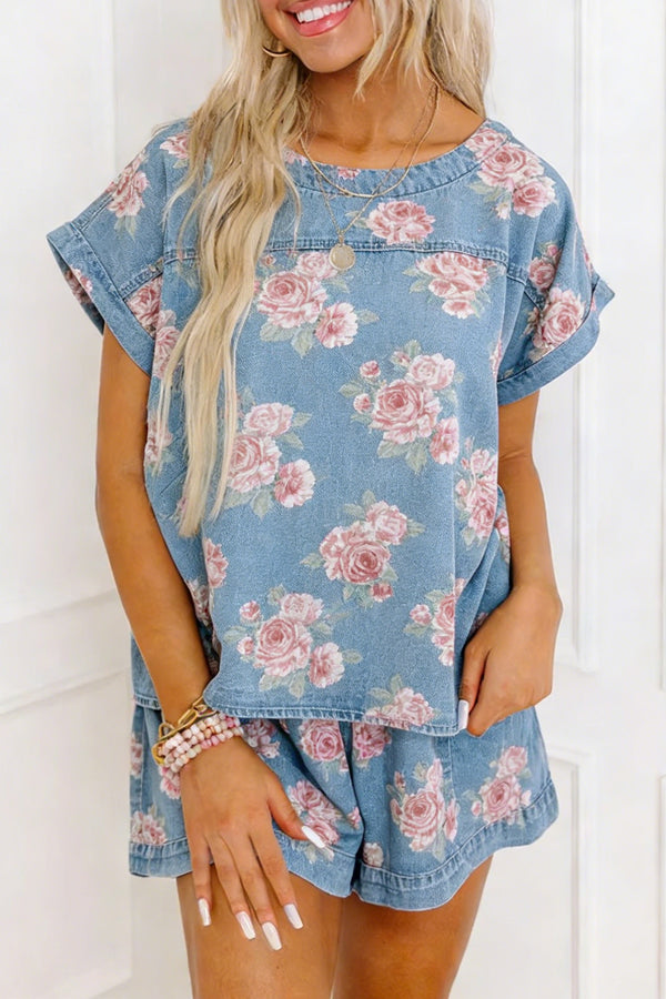 Ensemble femme floral, manches courtes, ample, denim — bleu ciel-P420