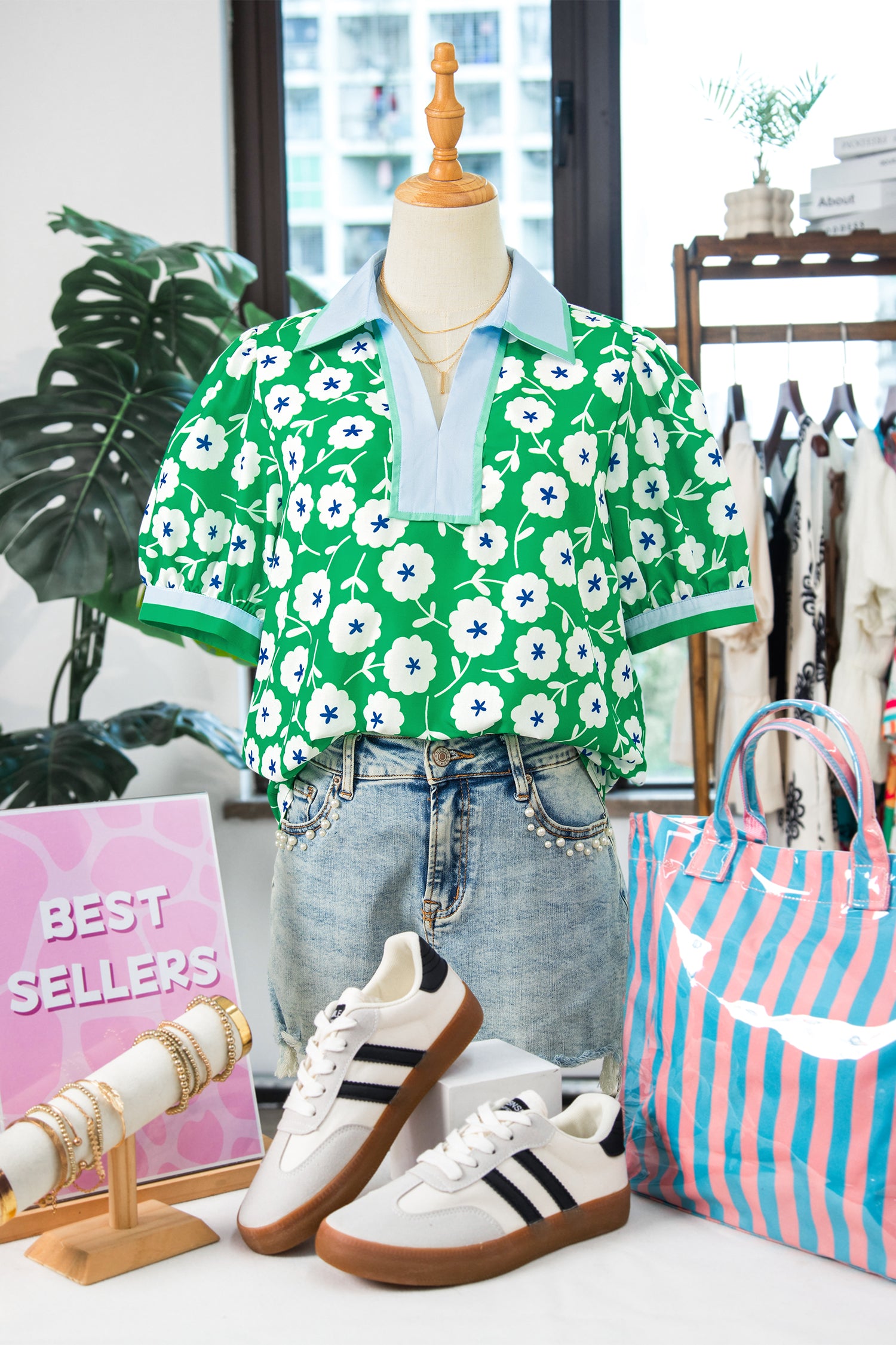 Green Flower Printed Contrast Patchwork Collar Short Sleeve Blouse