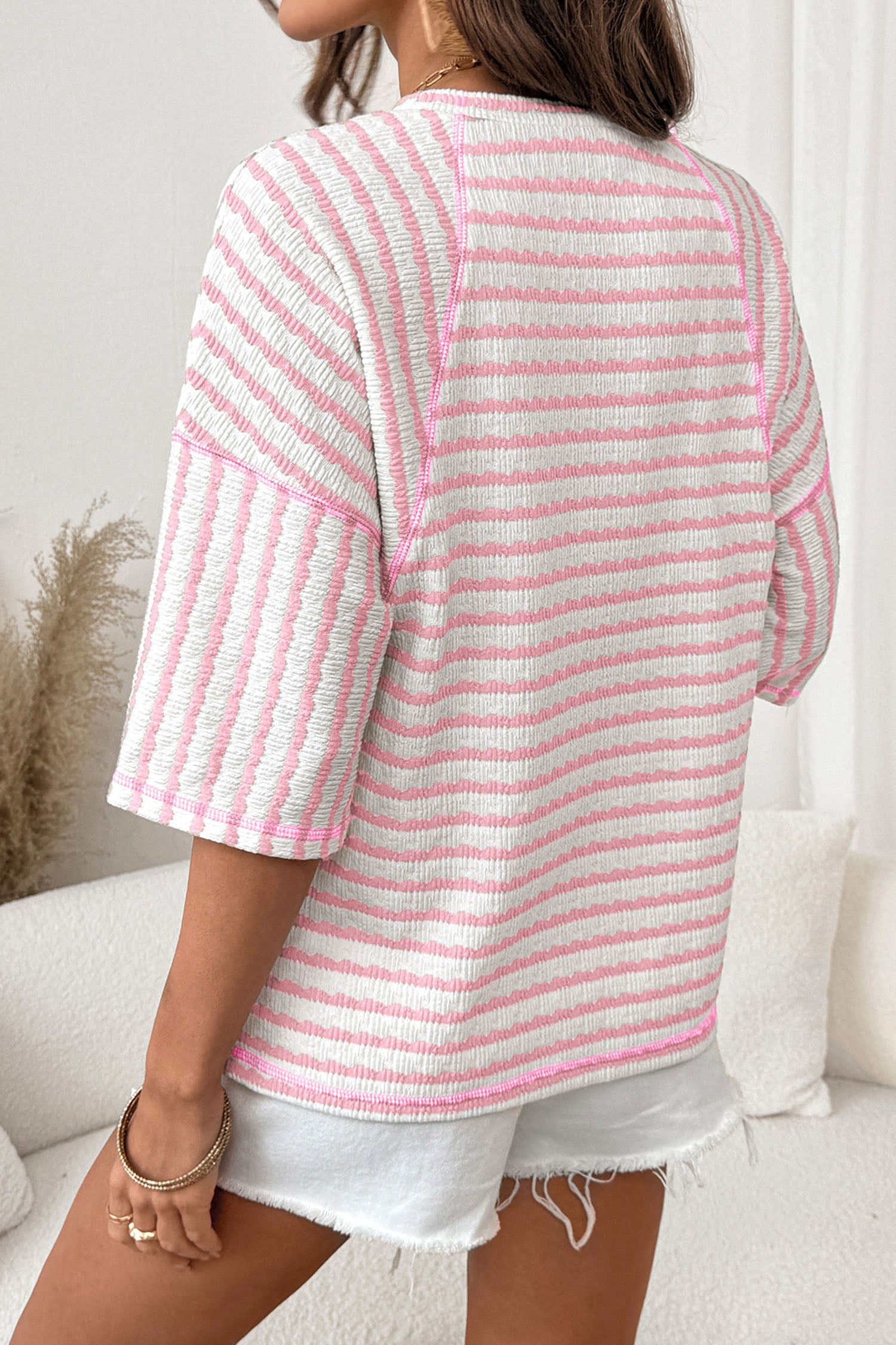 Sky Blue Stripe Textured Knit Split Hem Half Sleeve Loose Top