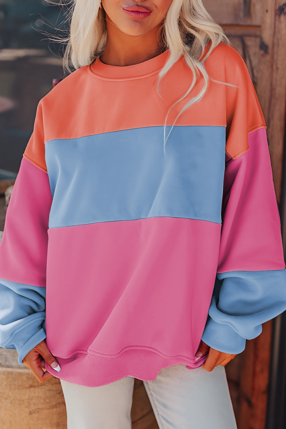 Sweat femme patchwork, épaules tombantes, colorblock — rose vif