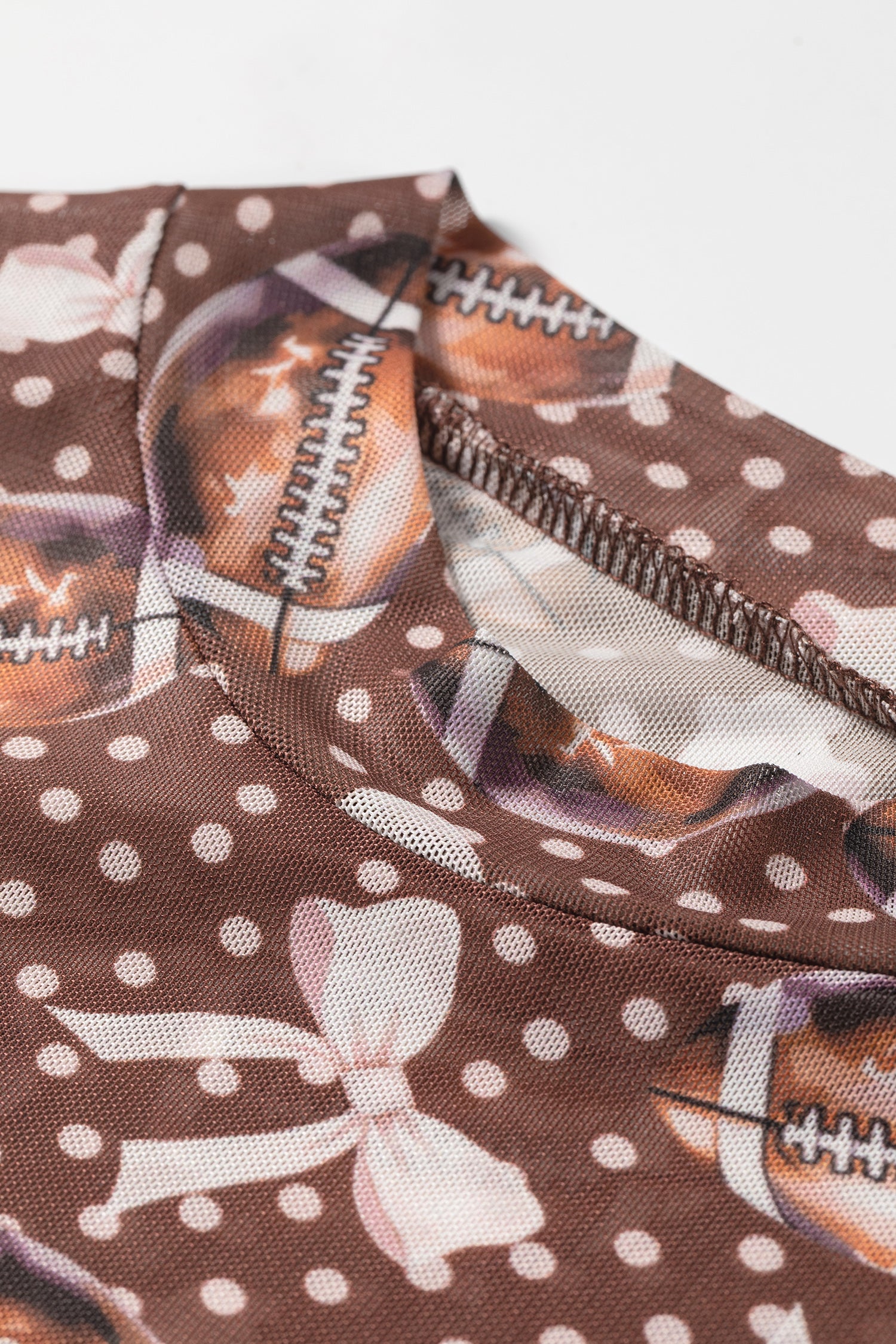 Brown Polka Dot Bow Football Print Long Sleeve Mesh Top