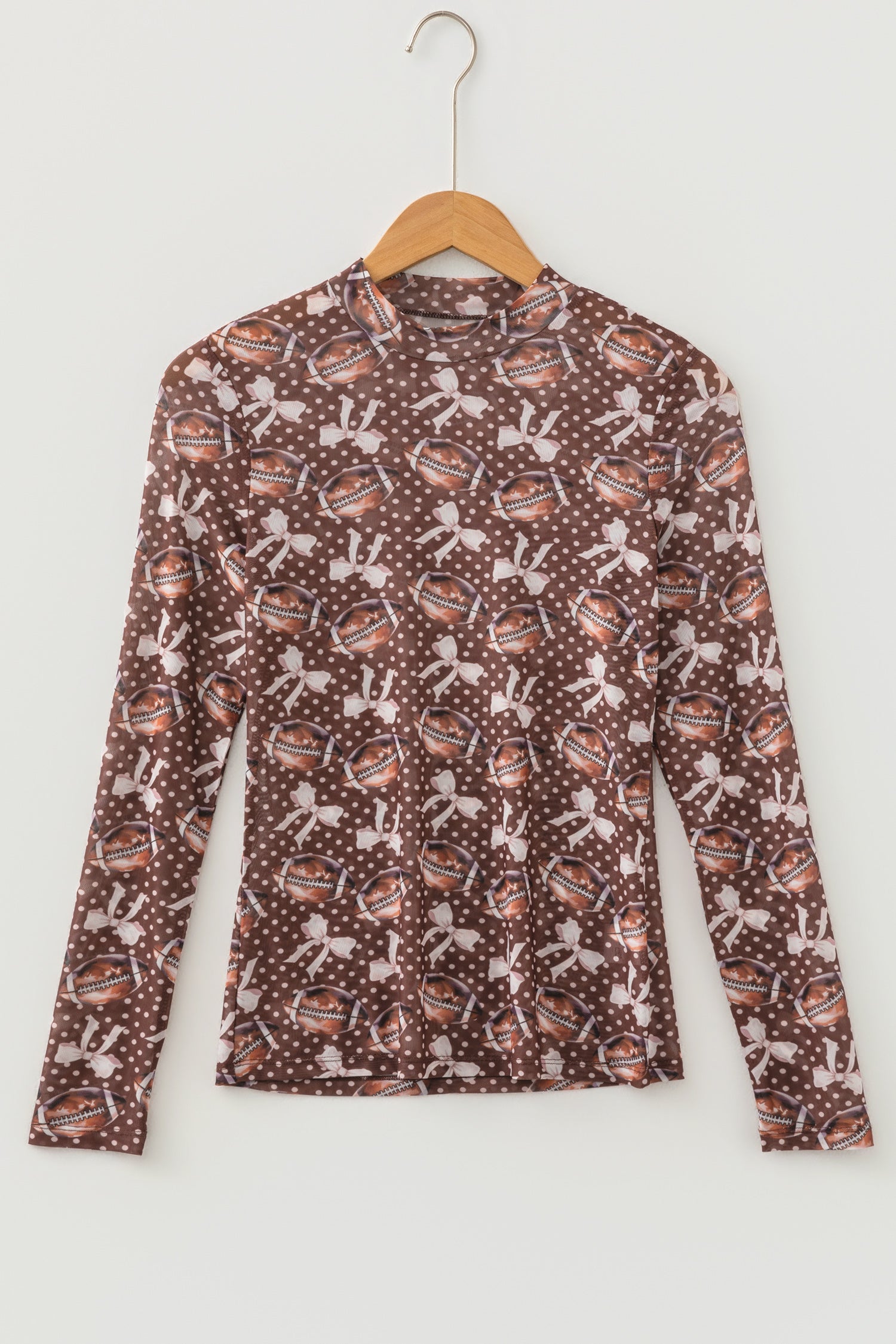Brown Polka Dot Bow Football Print Long Sleeve Mesh Top