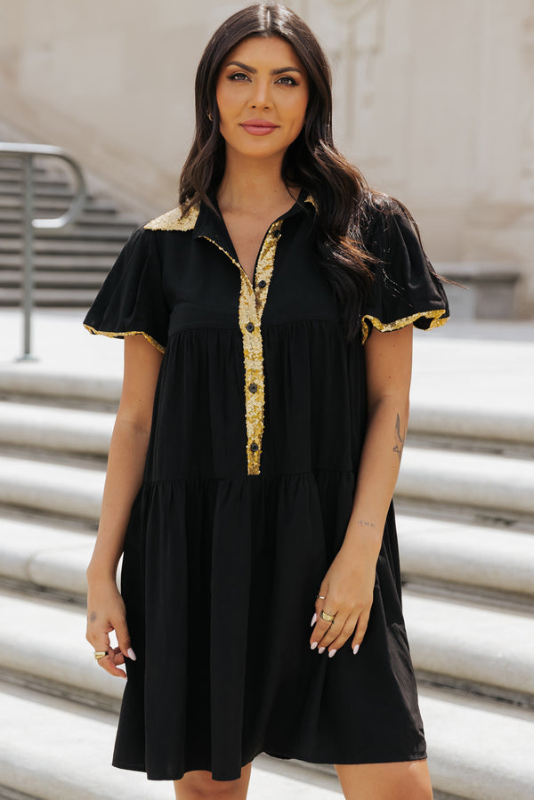 Robe femme paillettes, manches ballon — noir