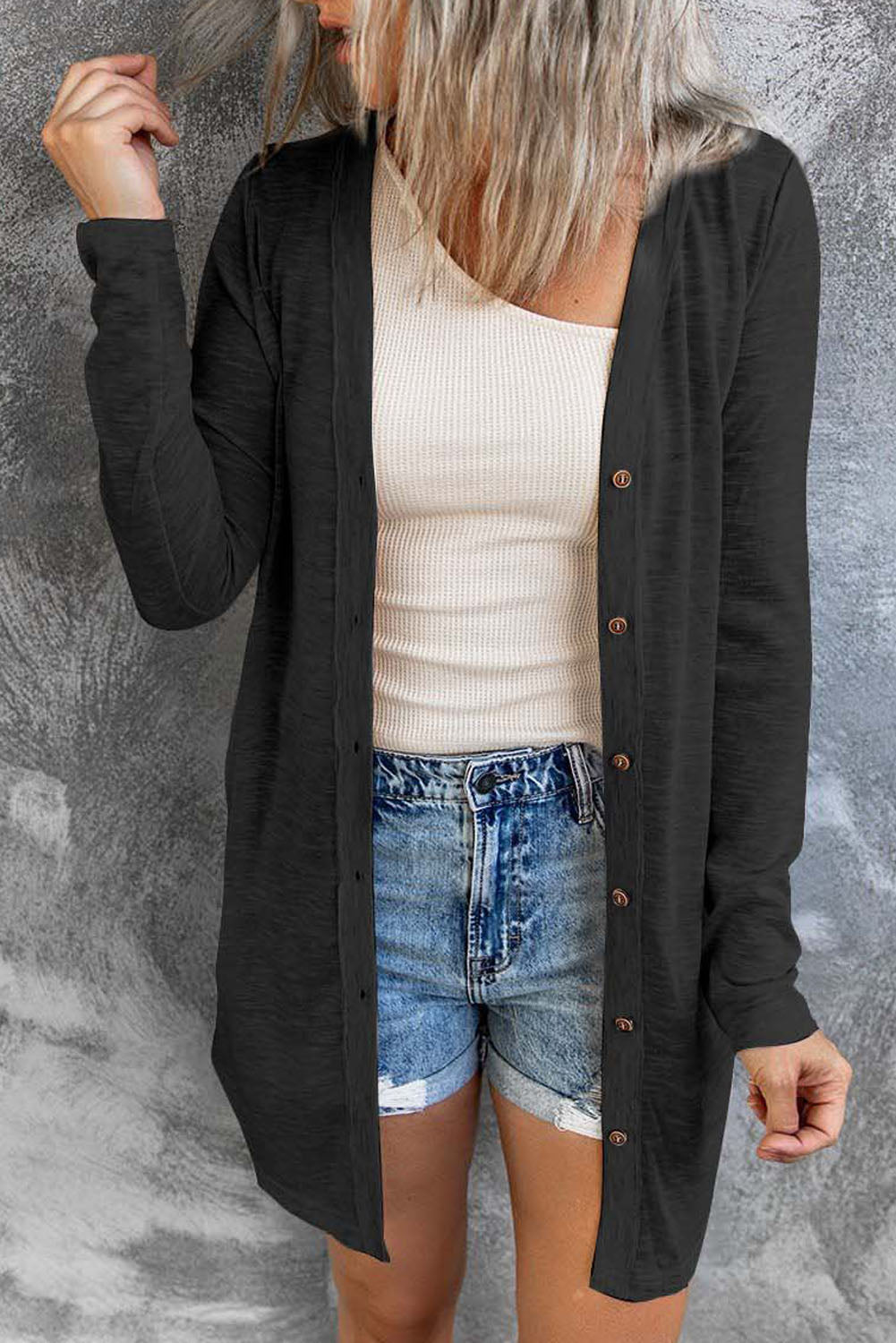 Black Solid Color Open-front Buttons Cardigan femme