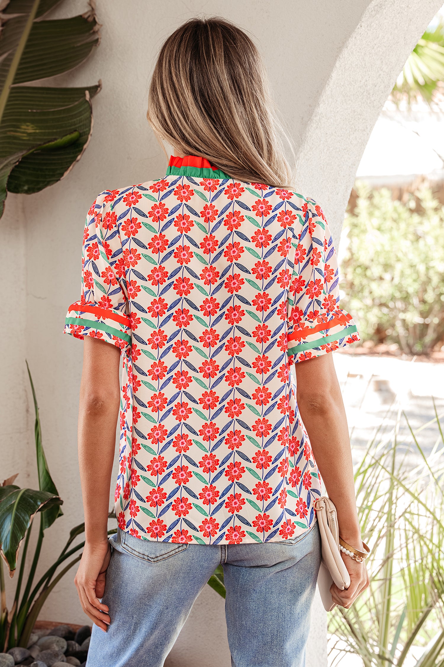 Red Floral Print Striped — Tops/Blouses & Shirts, vue 2, LeGeekShop