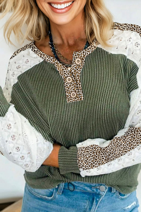 Haut femme léopard, patchwork, manches longues, côtelé — vert