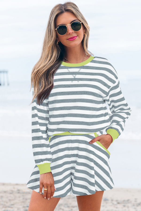 Short femme rayé, manches longues, ample, côtelé — gris