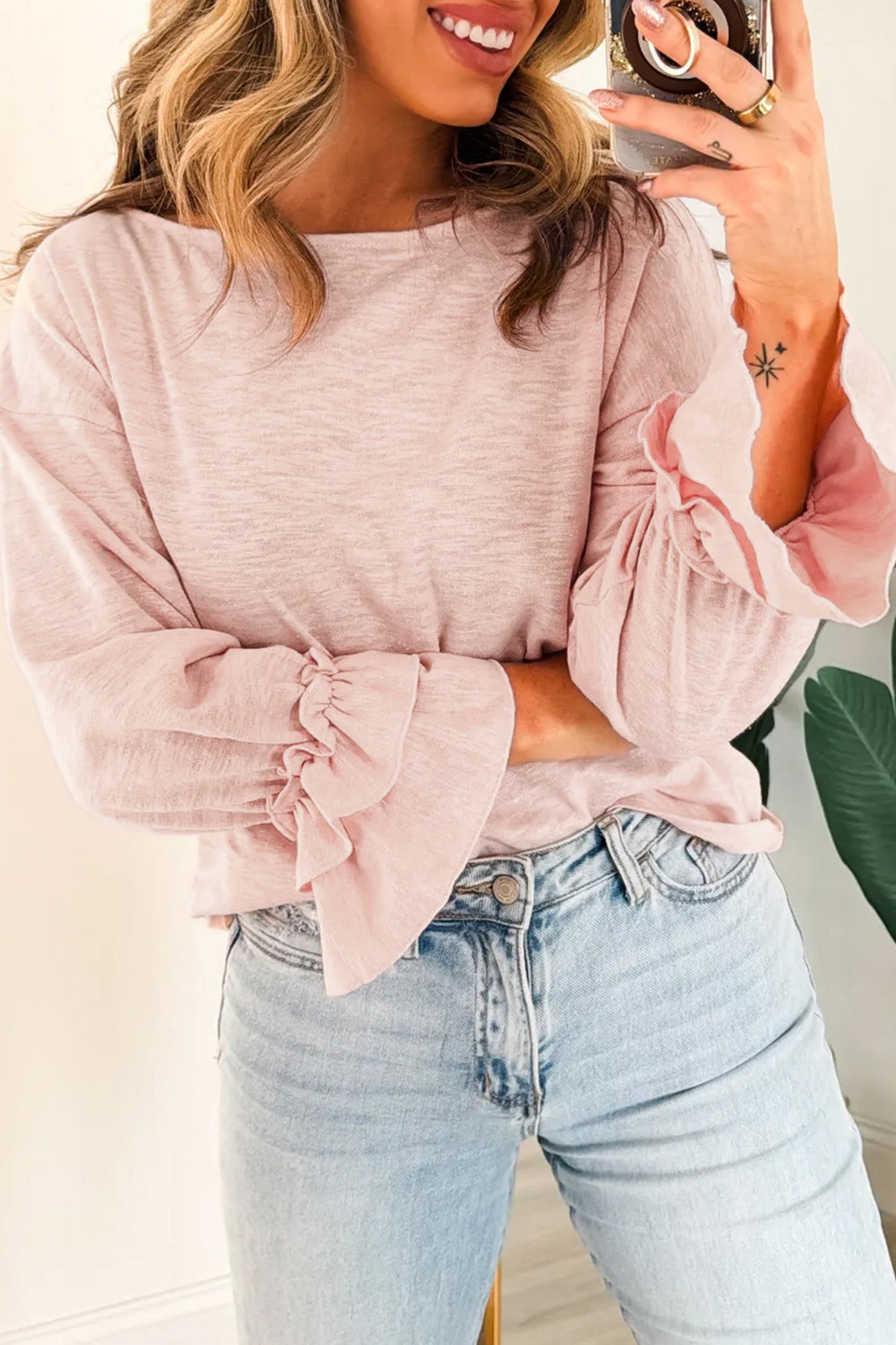Gossamer Pink Long Sleeve Ruffle Cuff Casual Elegant Top