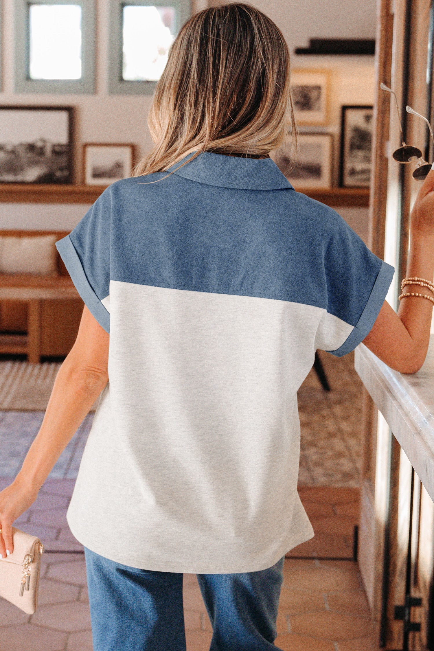Black Color Block Denim Patchwork Button Polo Collar Short Sleeve Top