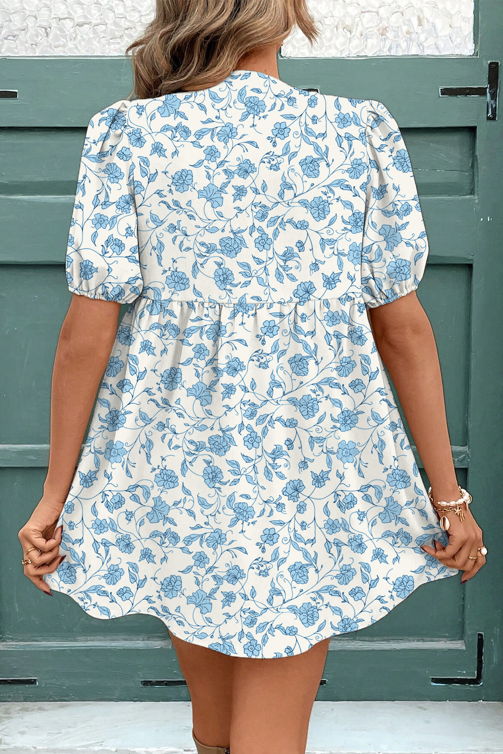 Sky Blue Leopard Contraste Bow Puff Sleeve Mini robe