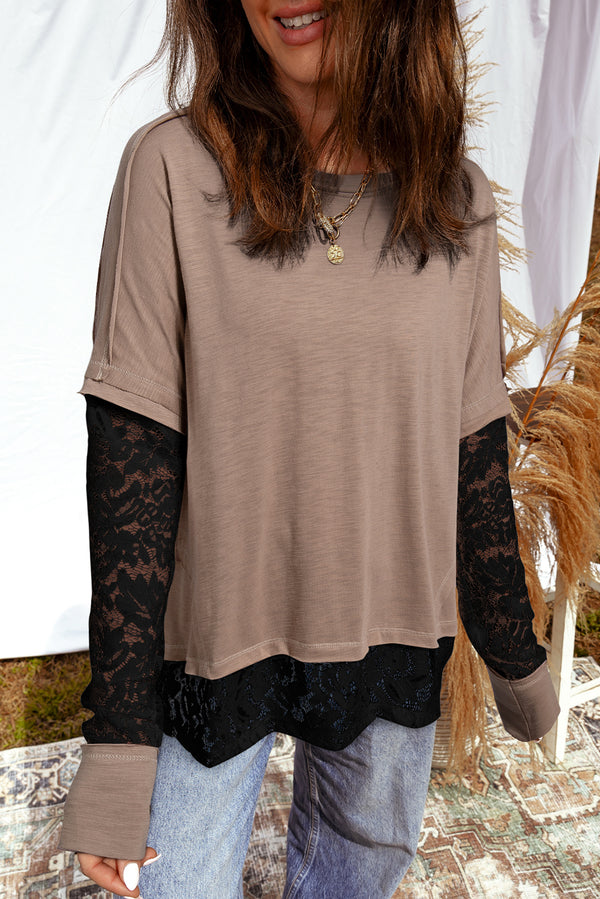 T-shirt femme patchwork, casual — beige