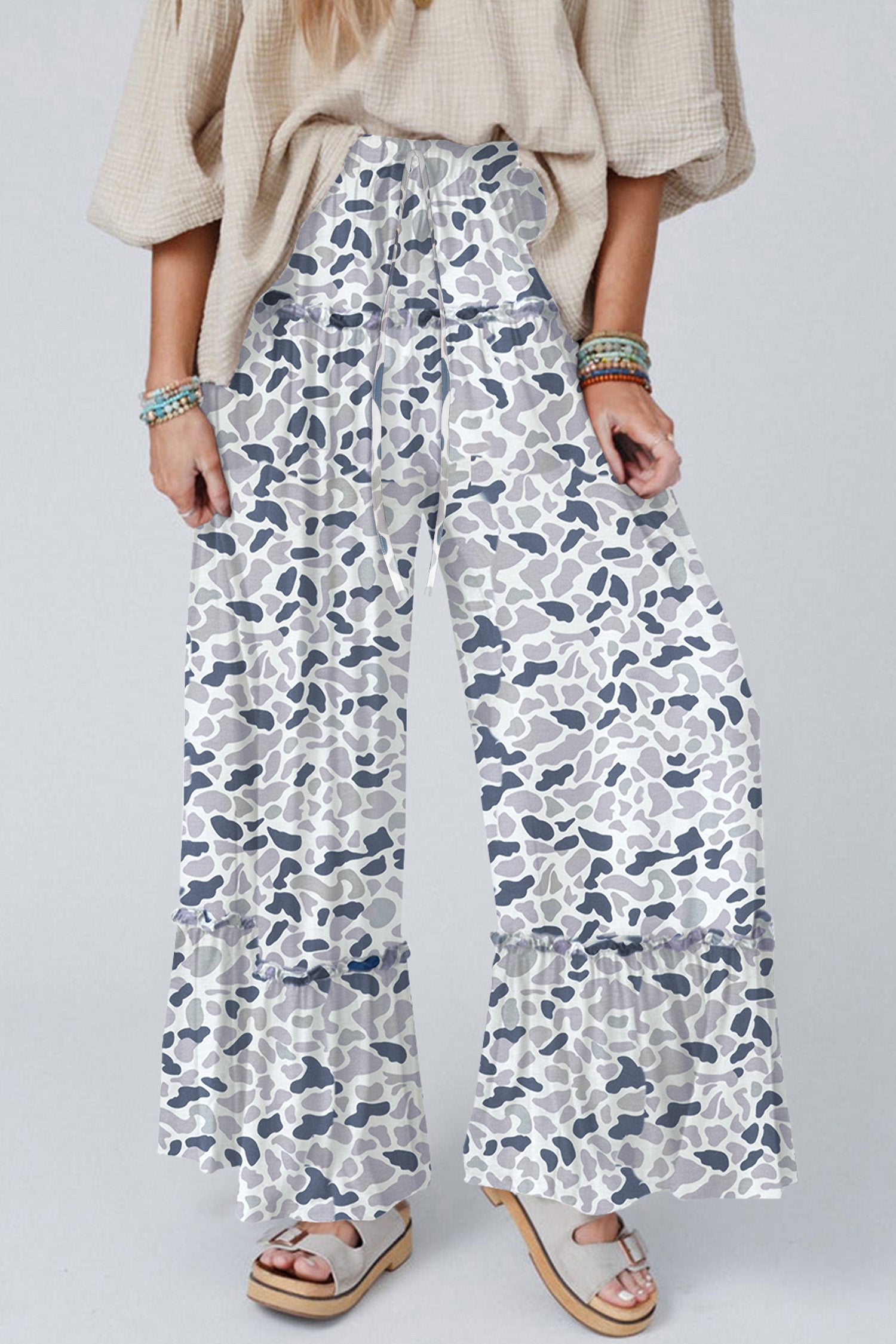 Multicolour Camo Print Wide Leg Casual Pants