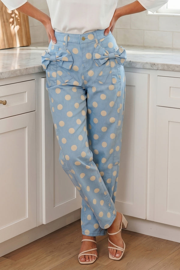 Jean femme pois, poches — bleu ciel