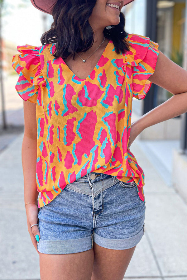 Blouse femme à volants, col V — orange