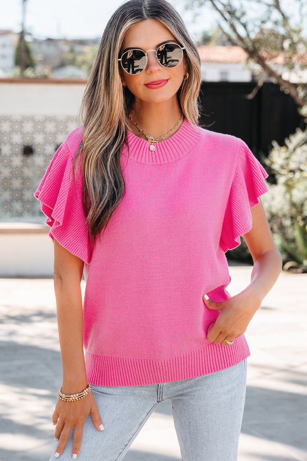 Pull femme à volants, manches courtes, col rond, uni, côtelé — rose-P406