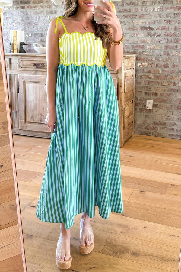 Robe midi femme rayé, patchwork, bretelles, festonné, midi — vert