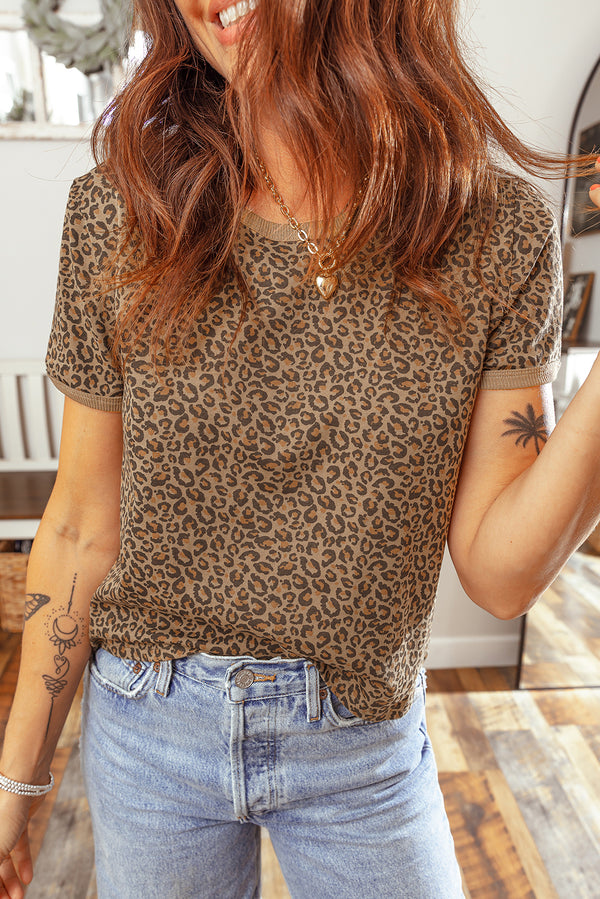 T-shirt femme léopard, col rond — kaki