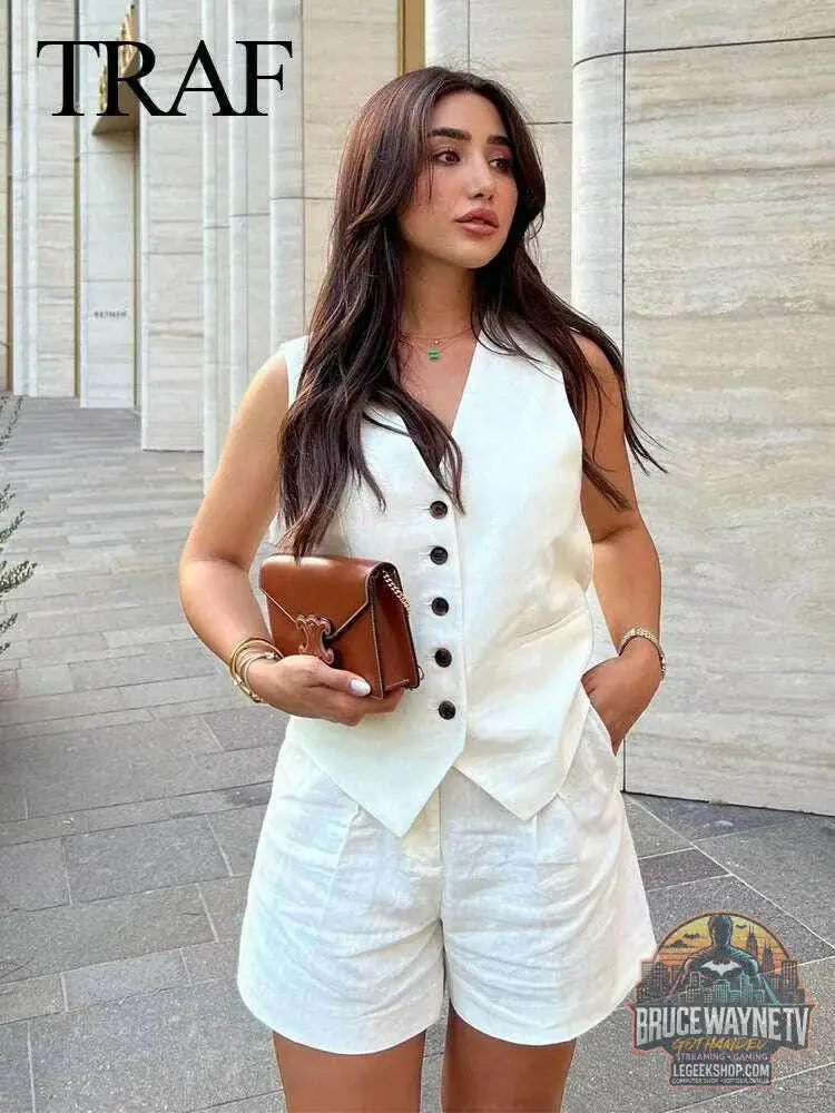 👗 Ensemble deux pièces femme – Gilet sans manches & short à poches - Legeekshop